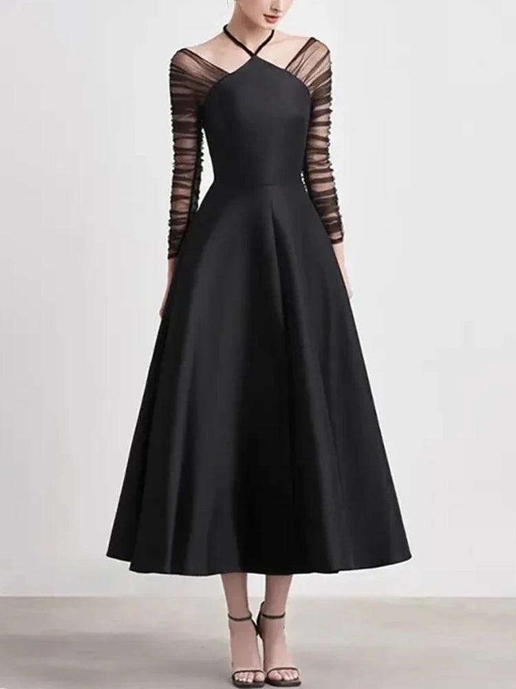 Sheer-Sleeve Halter Flared Dress