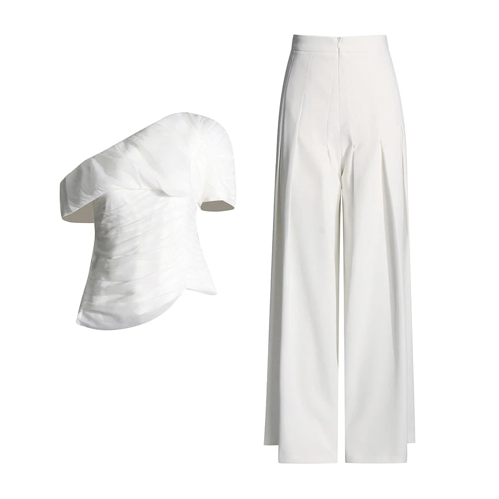 Asymmetric Top and Wide-Leg Pants Set