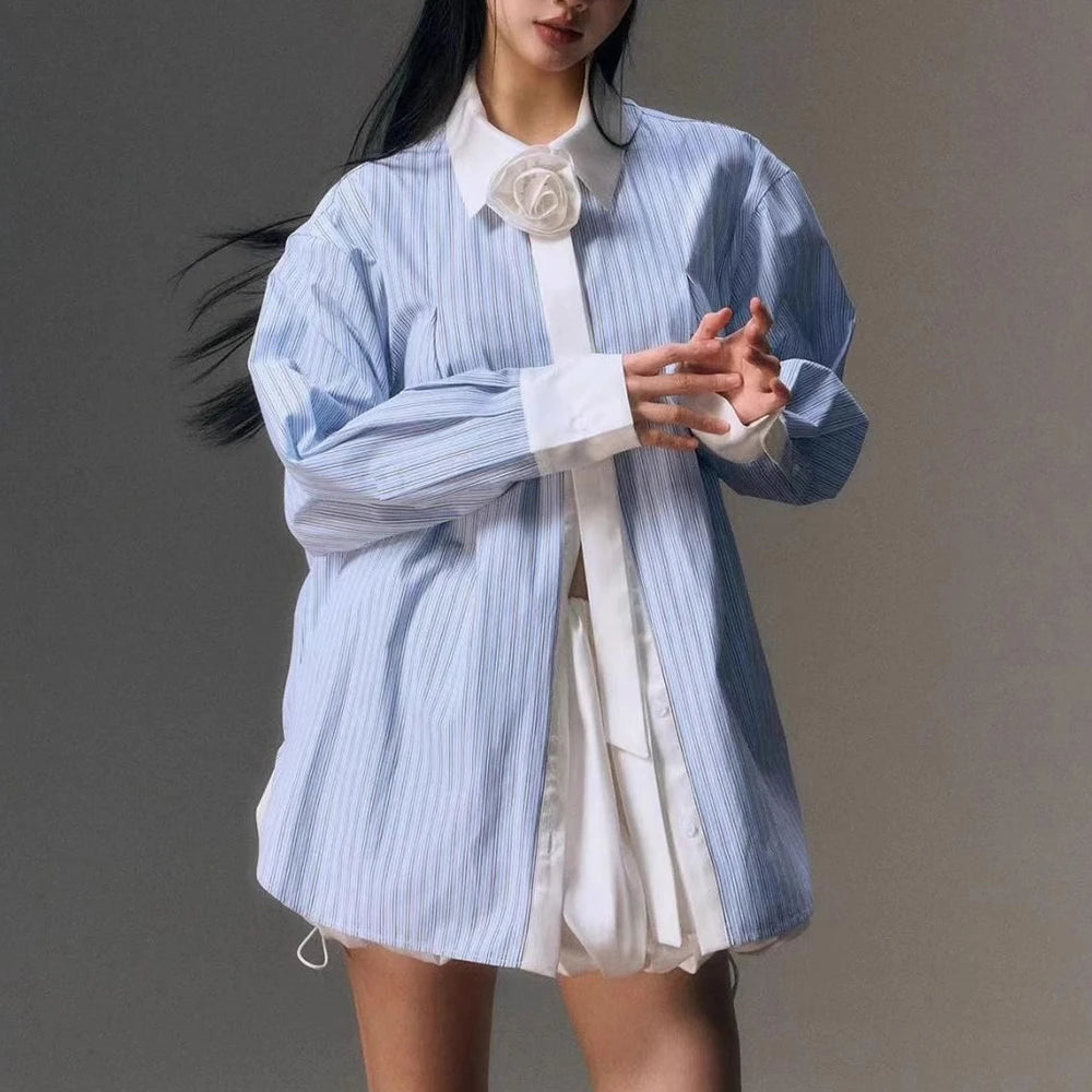 TWOTWINSTYLE Hit Color Loose Two Piece Set for Women Lapel Long Sleeve Blouse High Waist Shorts Sets Female Fashion New