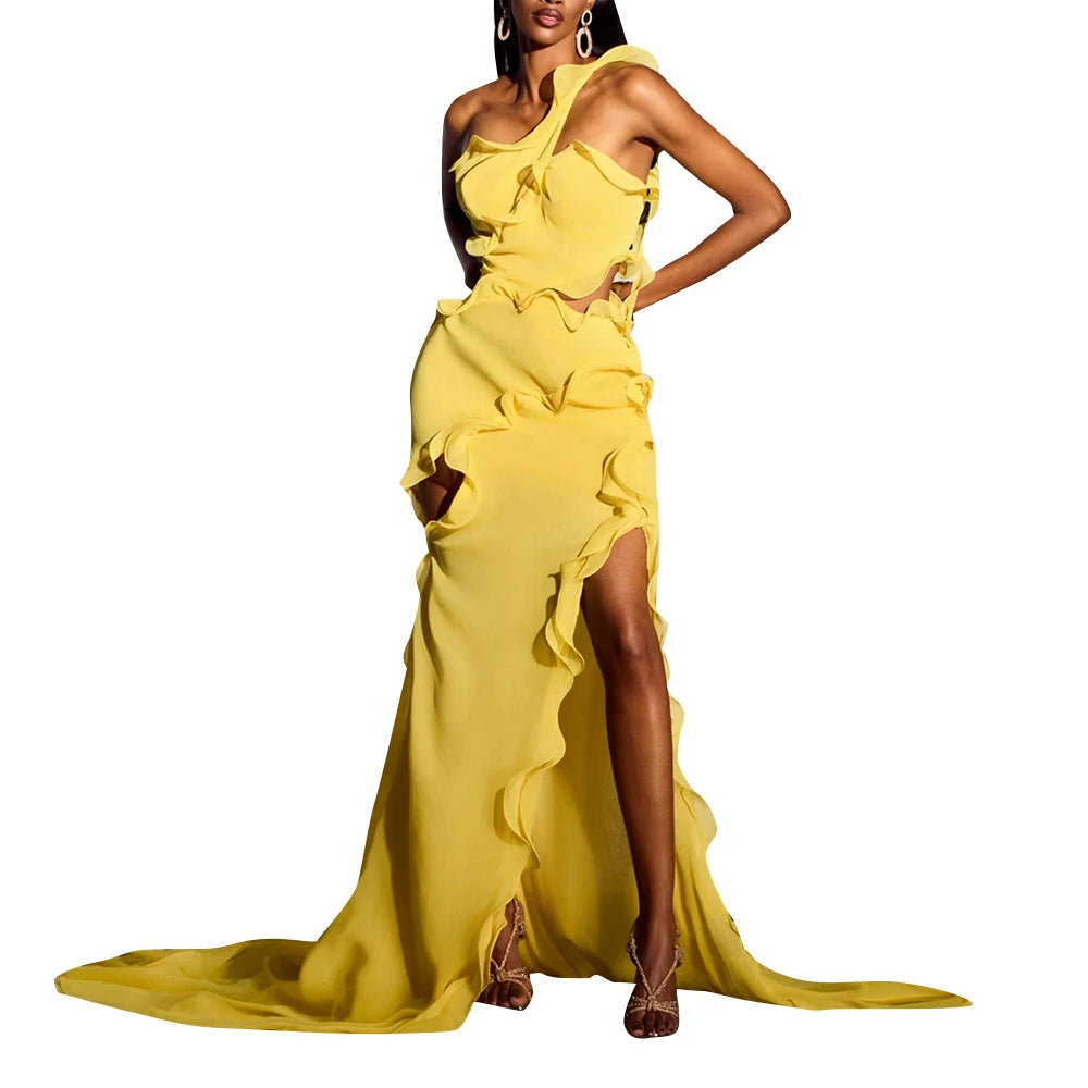 Asymmetric Ruffle Slit Long Dress