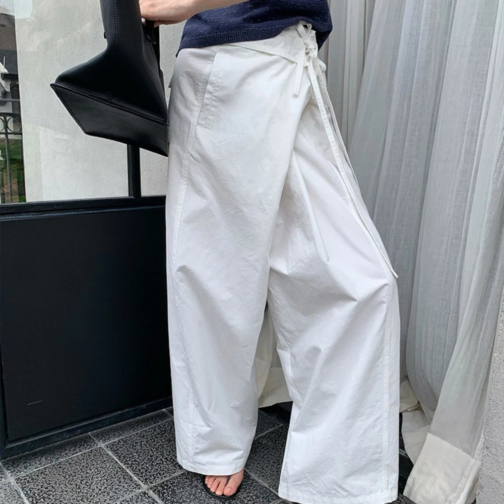 Asymmetric-Waist Wide-Leg Pants