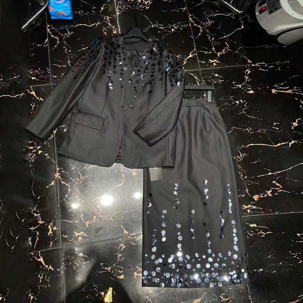 Disc-Embellished Blazer and Skirt Set