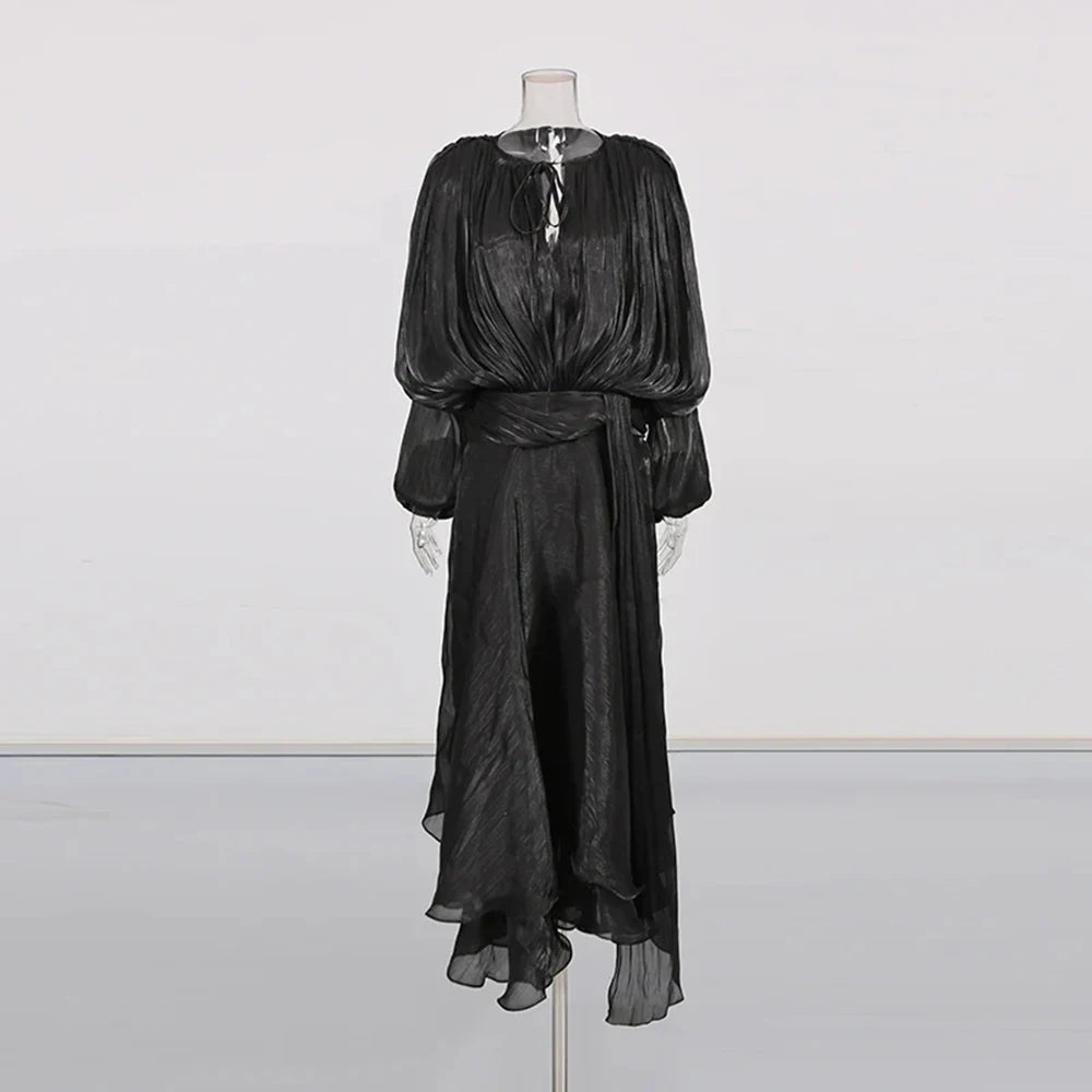 Blouson-Sleeve Asymmetric-Hem Dress
