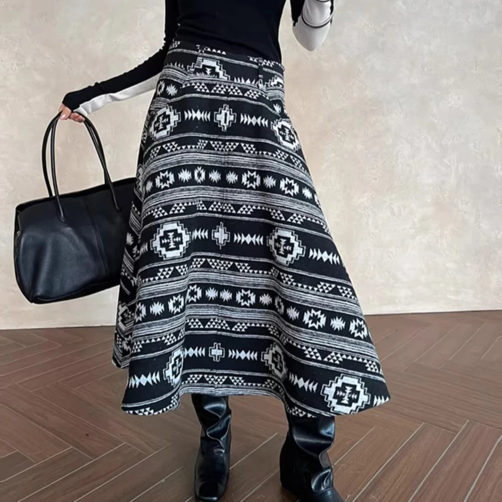 Geometric-Pattern Flared Skirt