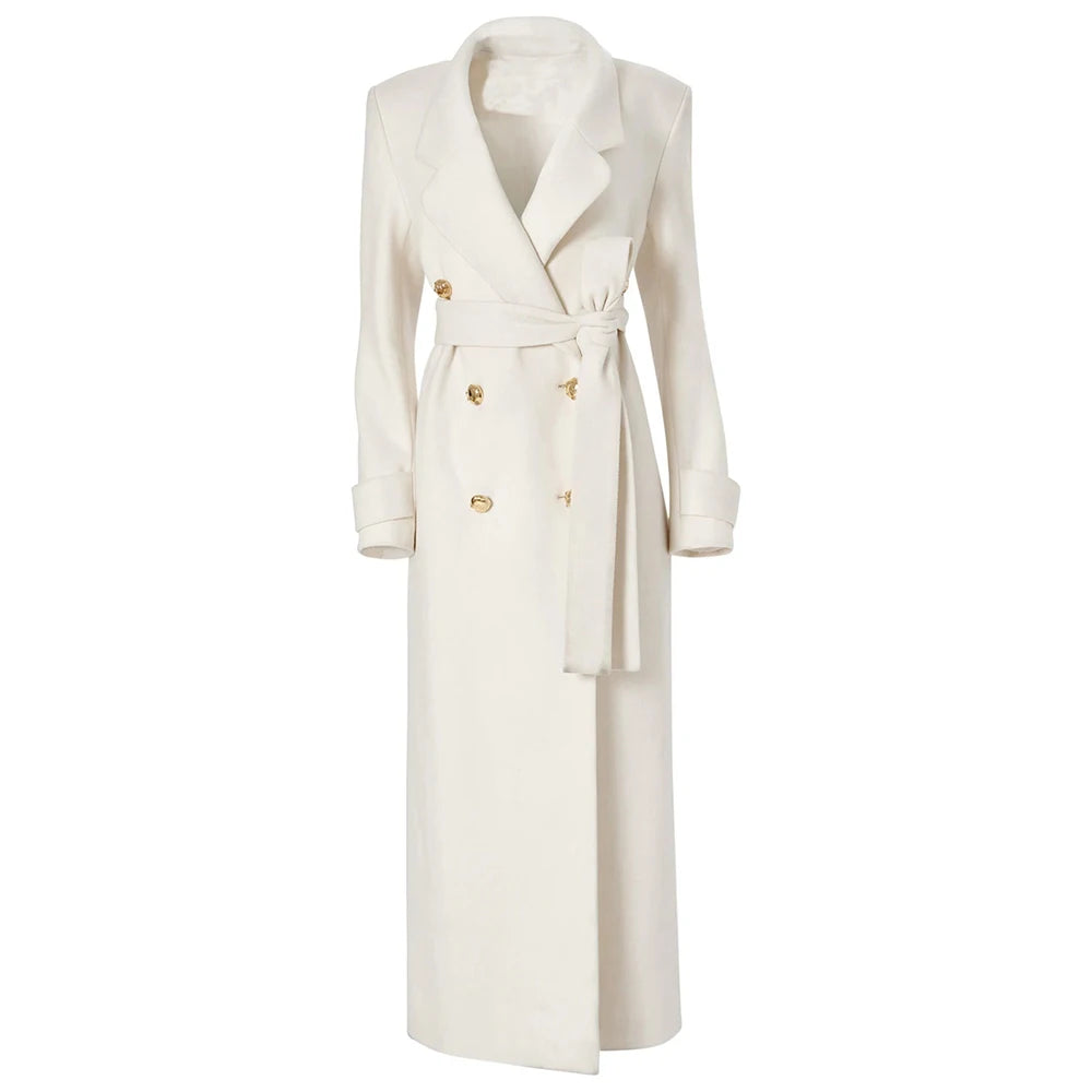Tie-Waist Double-Breasted Long Coat