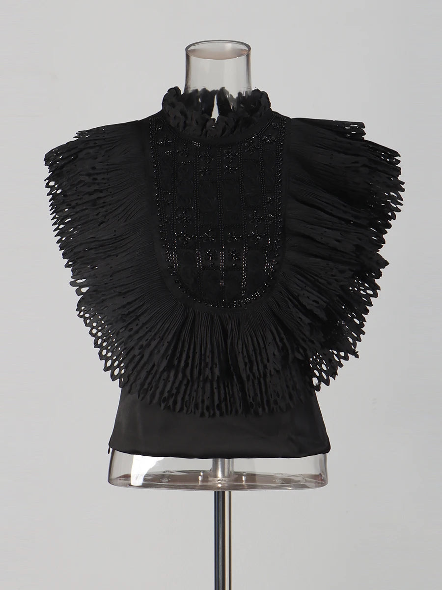 Ruffled-Bib Sleeveless Blouse