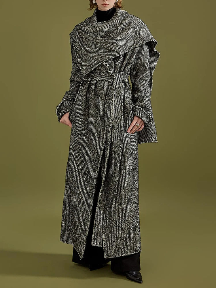 Draped-Collar Tie-Waist Long Coat