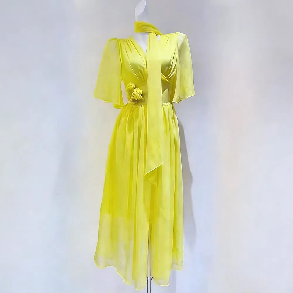 Floral-Detail Flutter-Sleeve Dress