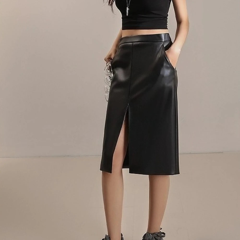 Glossy Split-Front Pencil Skirt