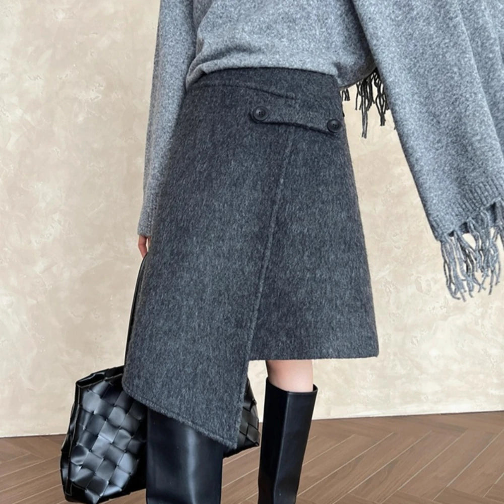 Asymmetric Button-Detail Wrap Skirt
