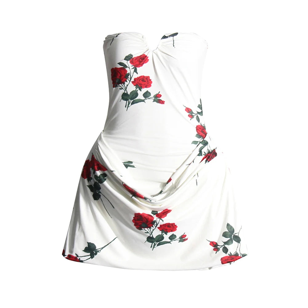 Rose-Print Strapless Mini Dress