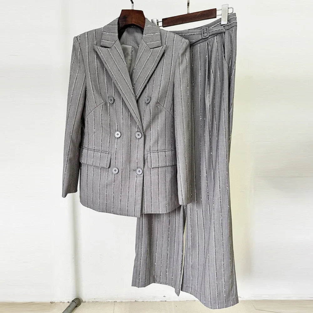 Pinstriped Blazer and Wide-Leg Pants Set