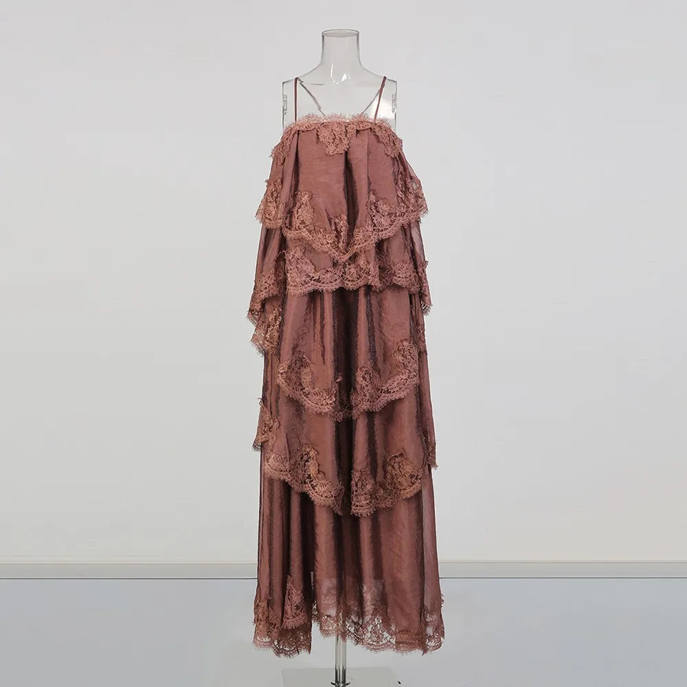 Tiered Lace-Trim Long Dress