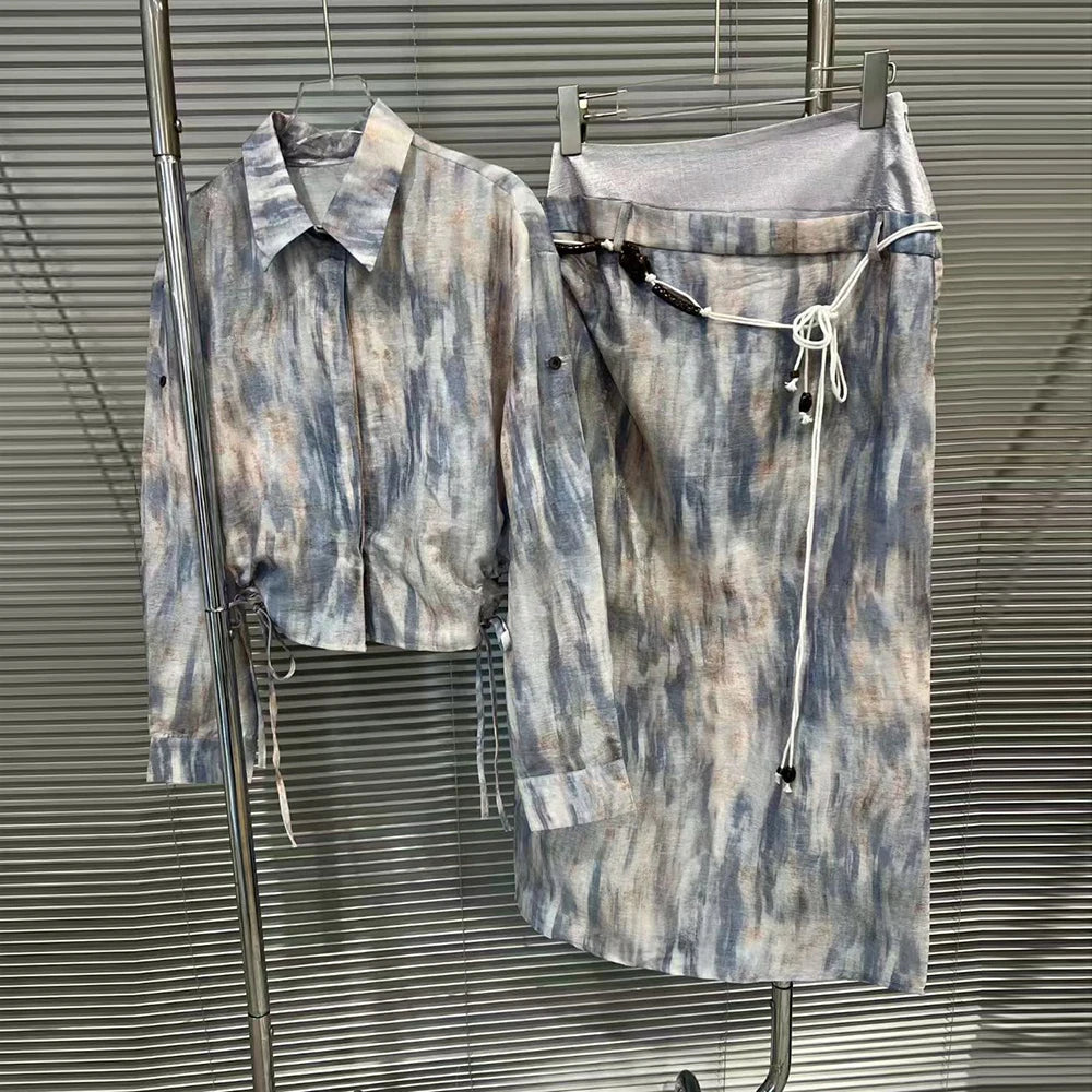 Abstract-Print Shirt and Skirt Set