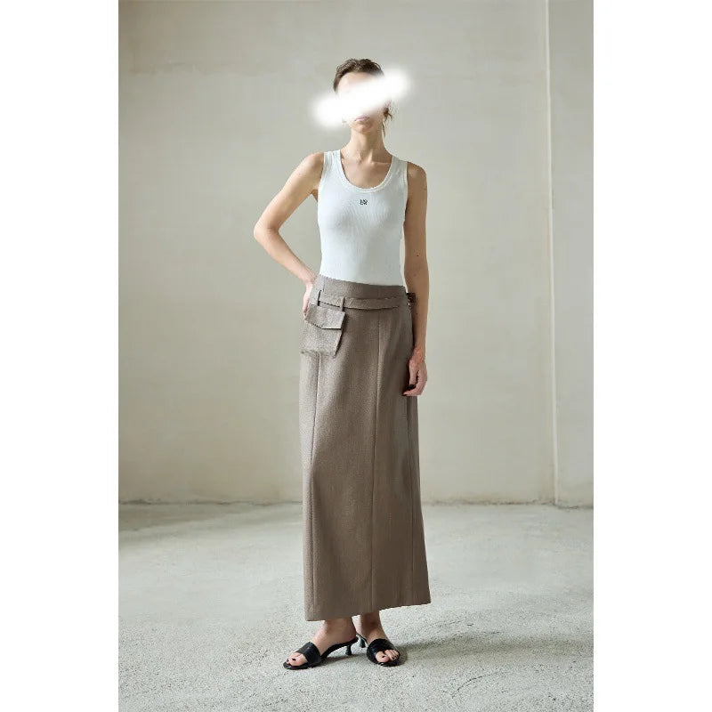 Straight Patch-Pocket Long Skirt