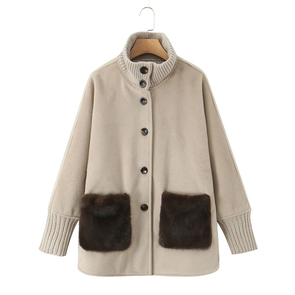 Ribbed-Trim Button-Front Jacket