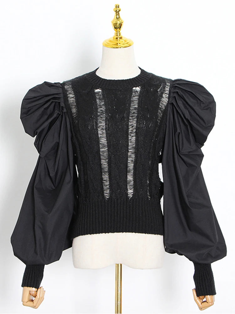 Openwork Puff-Sleeve Sweater
