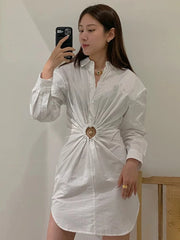 Gathered-Waist White Shirt Dress