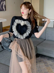 Heart-Applique Tee and Sheer Skirt Set