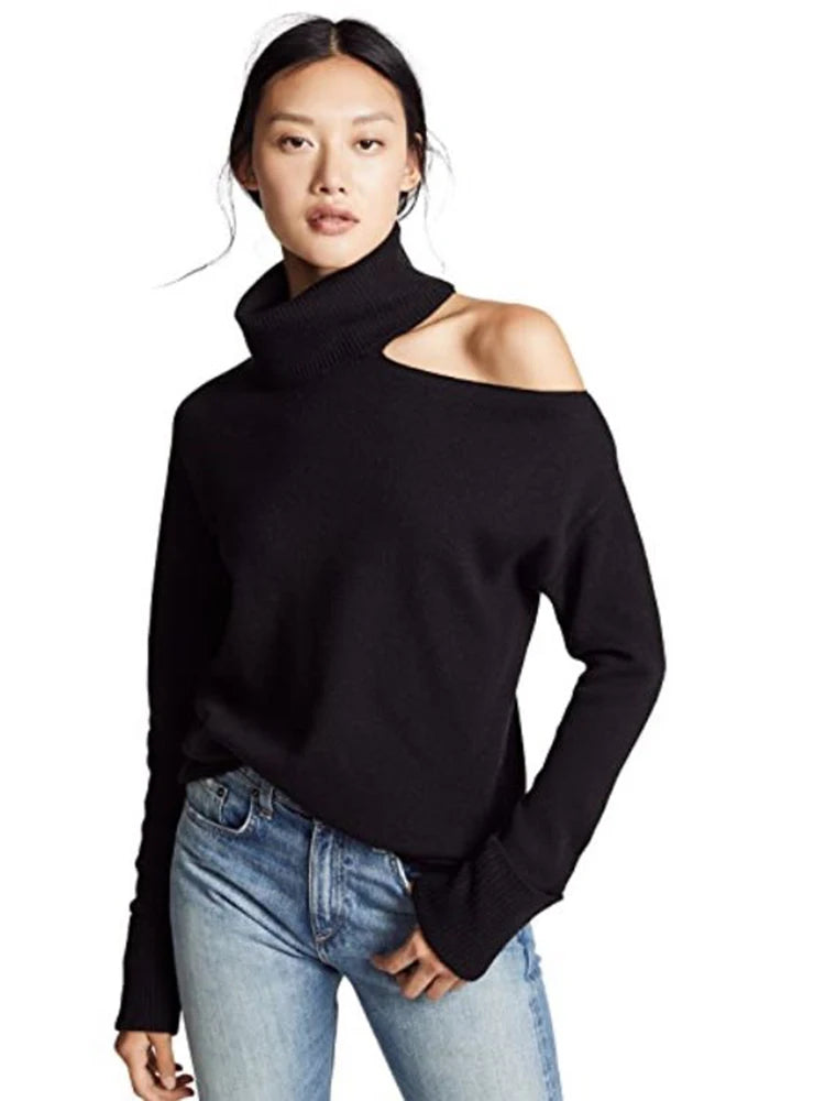 Cutout-Shoulder Turtleneck Sweater