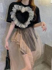 Heart-Applique Tee and Sheer Skirt Set
