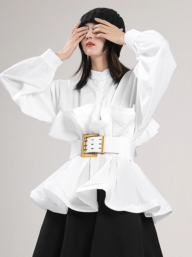 Pleated Peplum Long-Sleeve Shirt