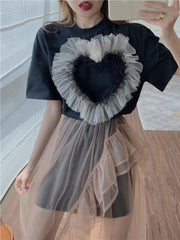 Heart-Applique Tee and Sheer Skirt Set
