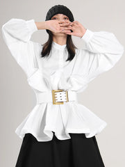Pleated Peplum Long-Sleeve Shirt