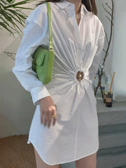 Gathered-Waist White Shirt Dress