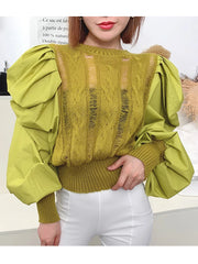 Openwork Puff-Sleeve Sweater