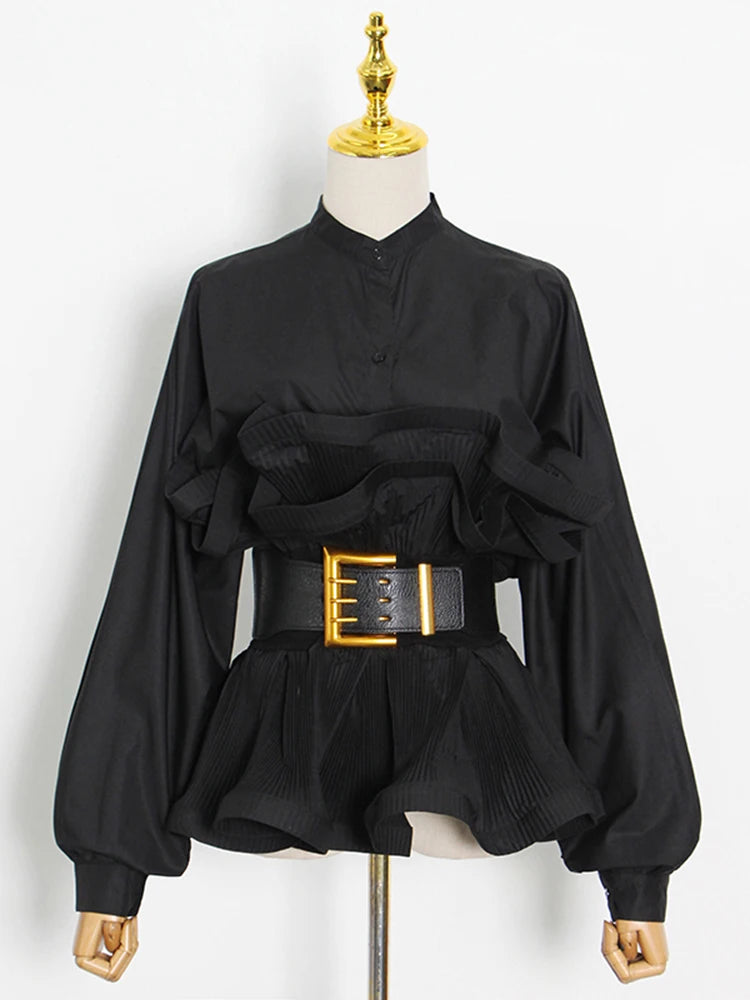 Pleated Peplum Long-Sleeve Shirt