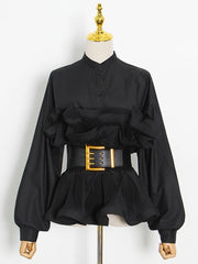 Pleated Peplum Long-Sleeve Shirt