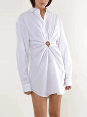 Gathered-Waist White Shirt Dress
