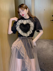 Heart-Applique Tee and Sheer Skirt Set
