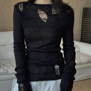 Openwork-Neck Long-Sleeve Top