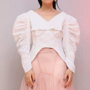 Ruched Puff-Sleeve V-Neck Blouse
