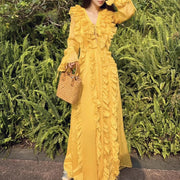Ruffled Long-Sleeve Yellow Dress