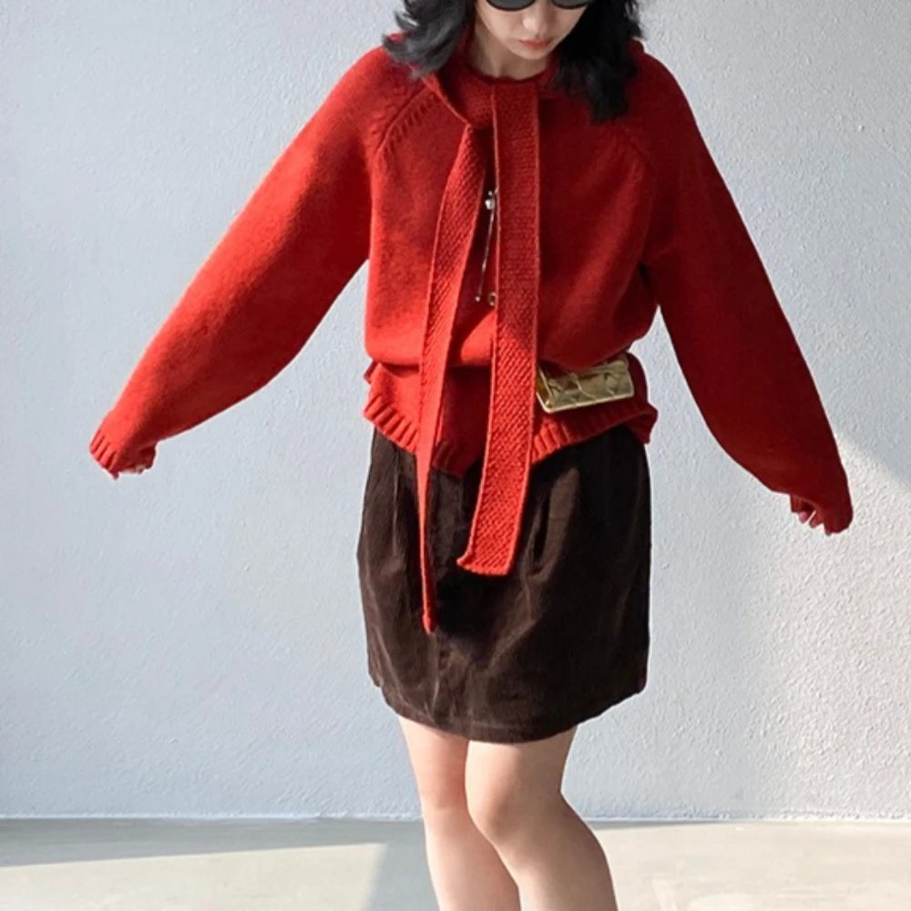 Bow-Neck Hooded Button Cardigan