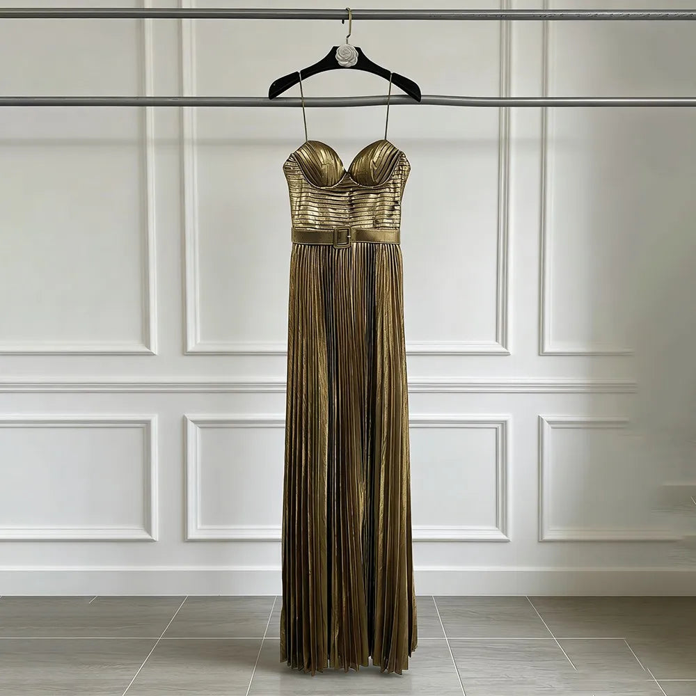 Metallic-Look Pleated Strap Dress