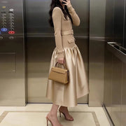 Contrast-Skirt Long-Sleeve Dress