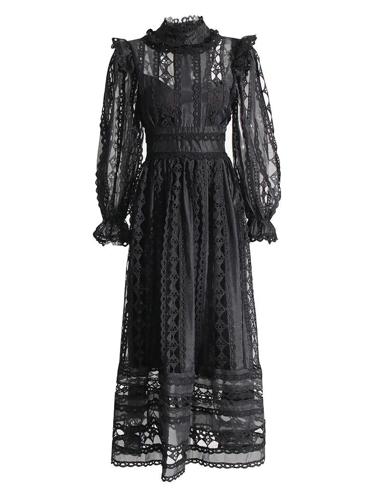 High-Neck Long-Sleeve Lace Dress