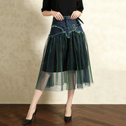 Sheer-Overlay Contrast-Panel Skirt