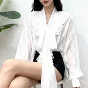 Ruffle-Front Bow-Neck Blouse