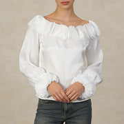Ruffle-Neck Balloon-Sleeve Blouse