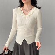 Lace-Trim Ribbed Button Cardigan
