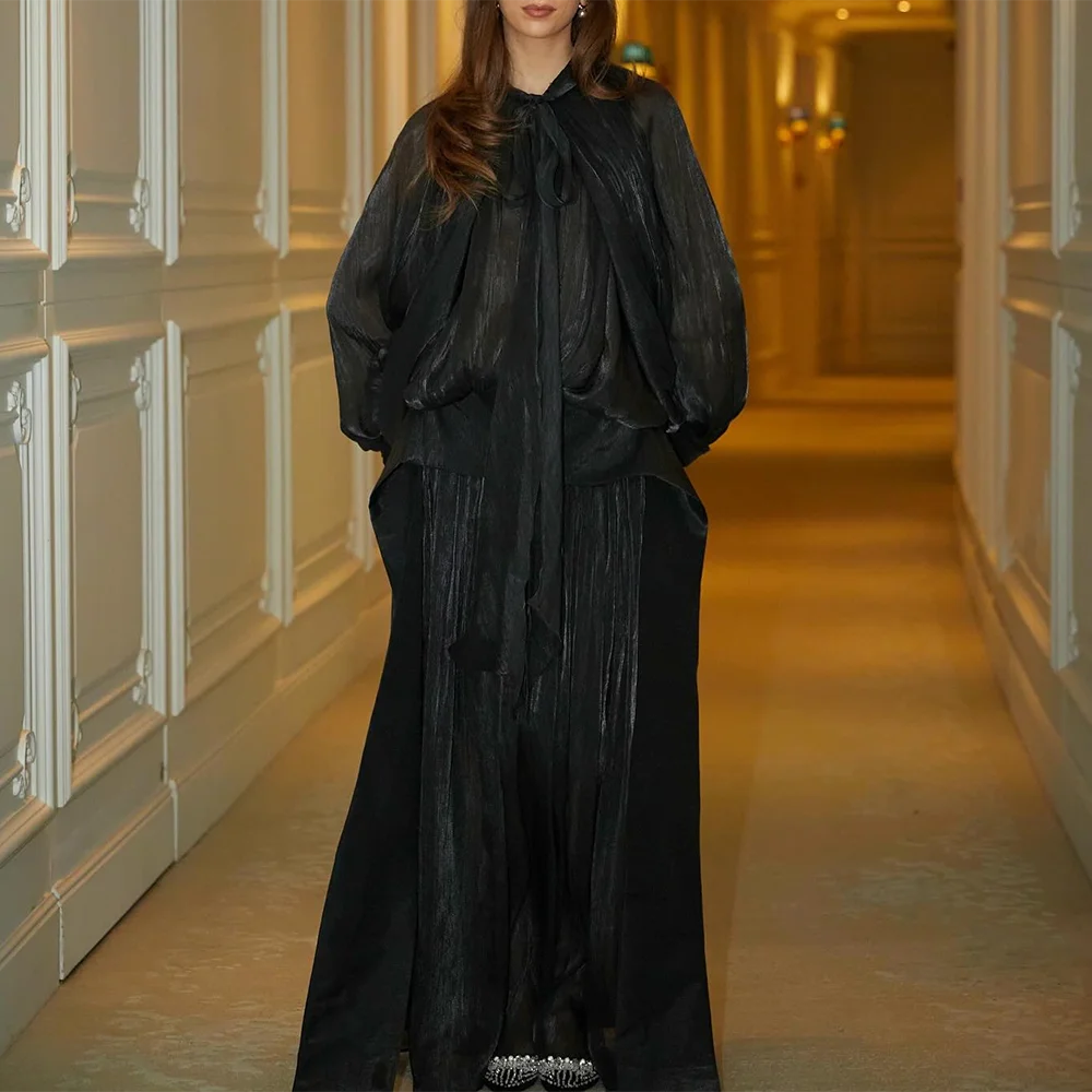 Draped Balloon-Sleeve Long Dress