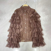 Tiered Ruffle-Sleeve Lace Shirt