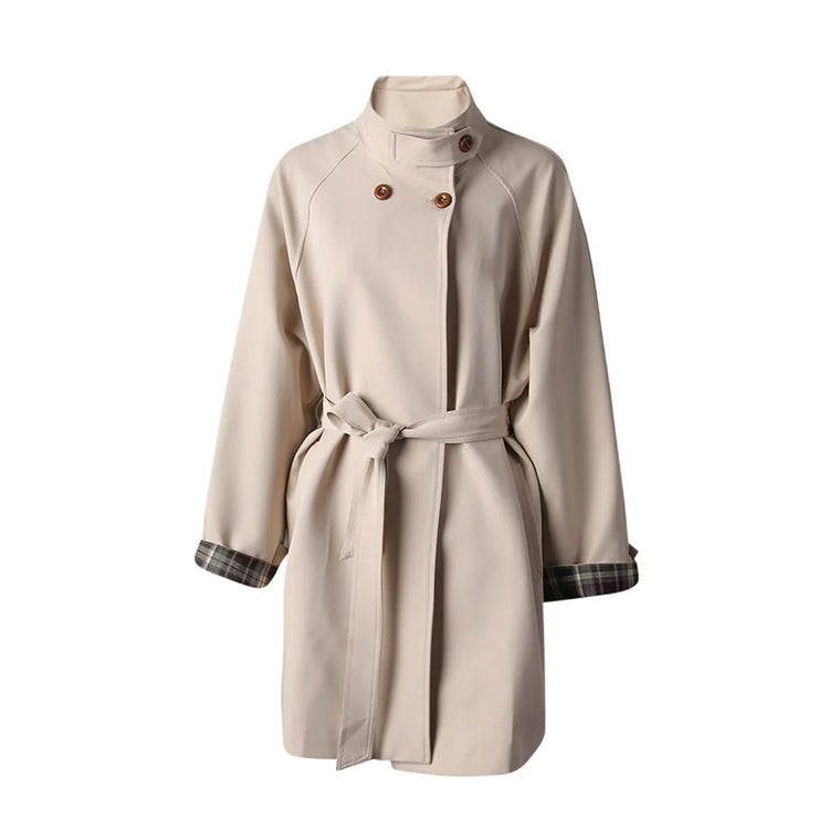 Stand-Collar Tie-Waist Trench Coat