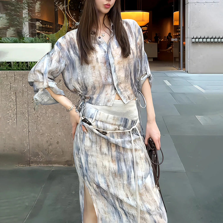 Abstract-Print Shirt and Skirt Set
