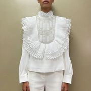 Pleated-Bib Long-Sleeve Blouse